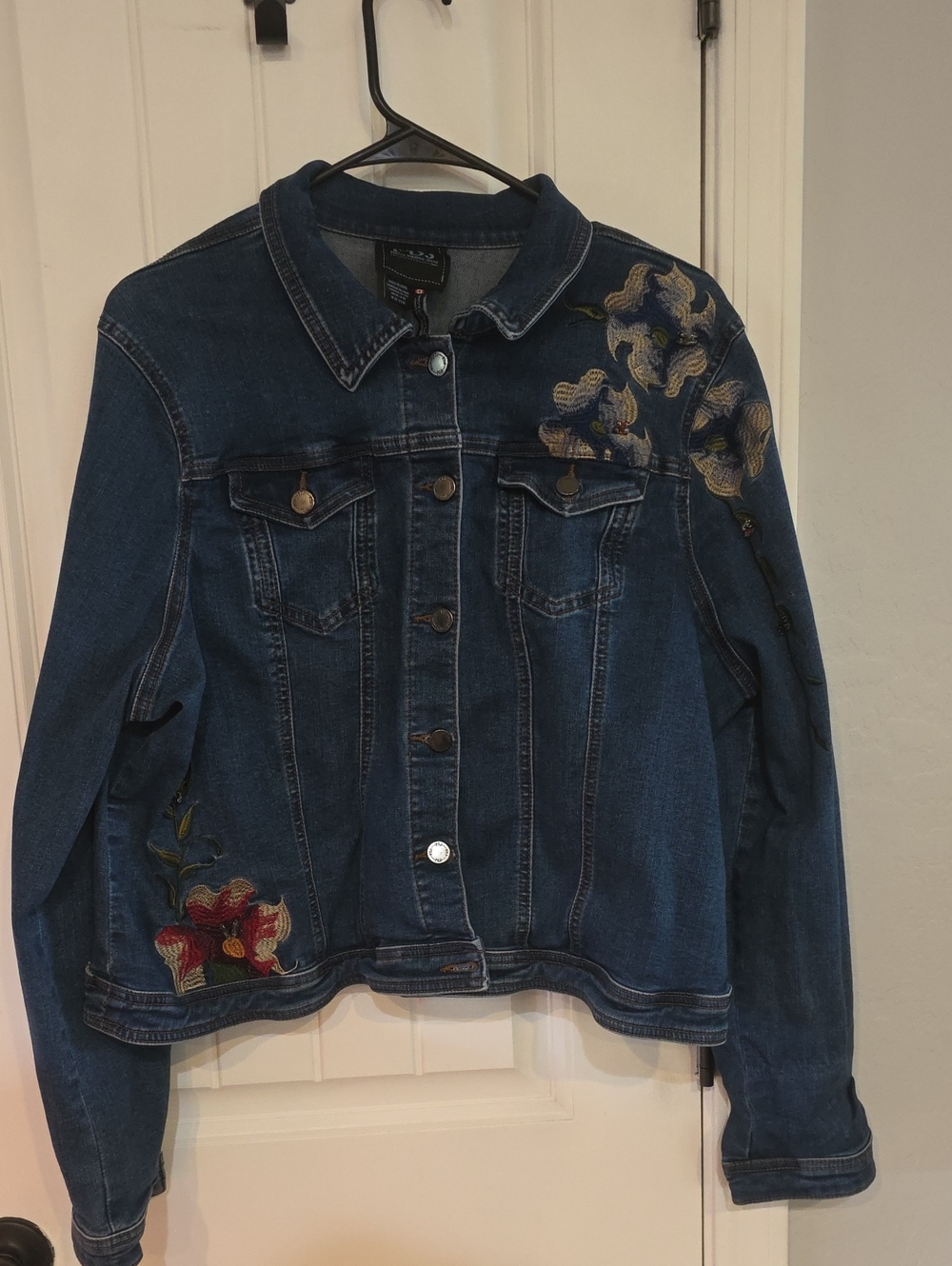Dark Blue Embroidered Denim Jacket with Floral Accents - Women